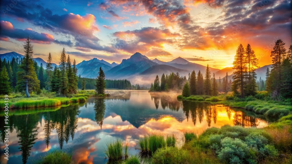 Fototapeta premium Vibrant sunset illuminates a serene wilderness landscape, with misty mountains, tranquil lake, and lush greenery, evoking a sense of peaceful coexistence with the natural world.