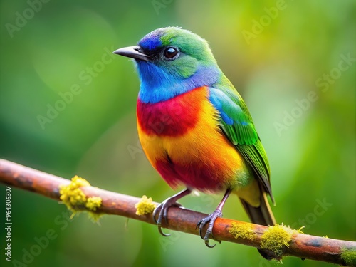 Vibrant Tiny Songbird Perched On A Branch, Showcasing Its Colorful Plumage Against A Natural Green Background.