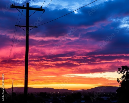 A stunning sunset fills the sky with vibrant colors as a power pole stands silhouetted against the horizon