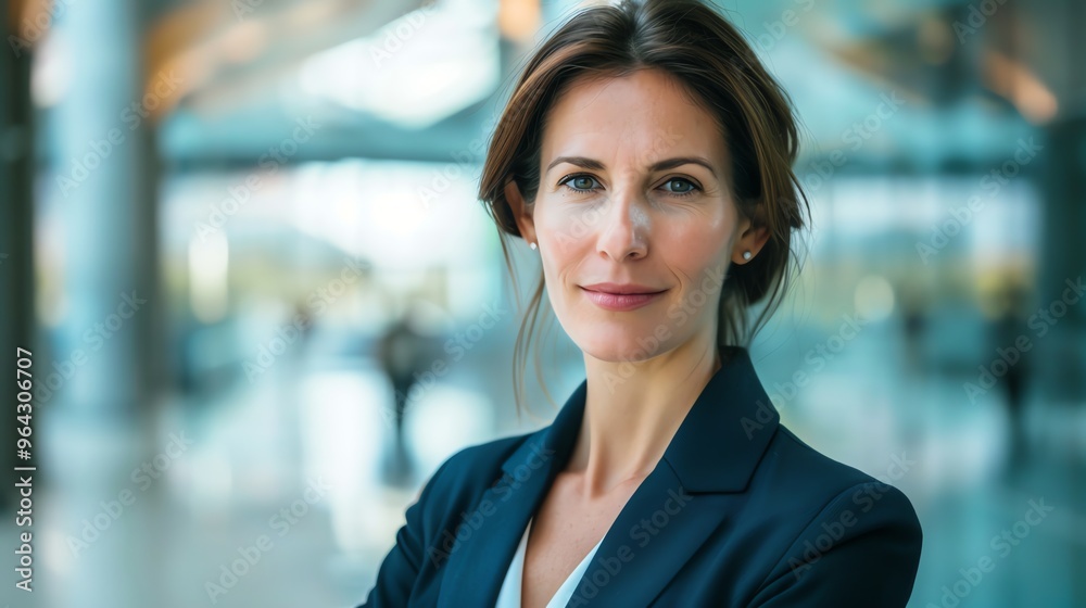 A woman in a blue blazer smiles confidently. A woman in a blue blazer smiles confidently.