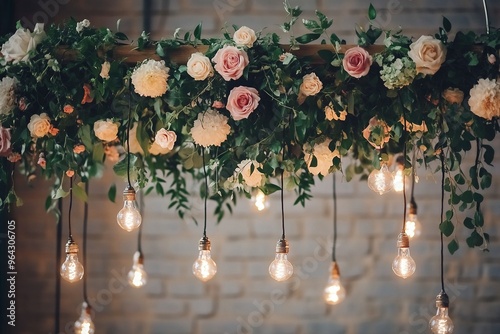 Wedding arch indoor decor. Flowers and green branches with light bulbs. Beautiful wedding rustic or boho style. High quality photo. photo