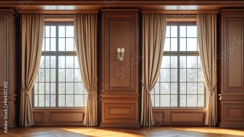 Elegant Wood-Paneled Room with Three Large Windows