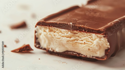 Closeup of a chocolatecovered ice cream bar with pieces on a white surface photo