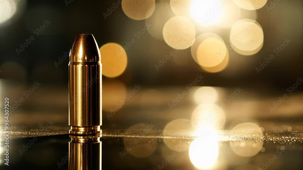 Shiny bullet standing upright on reflective
