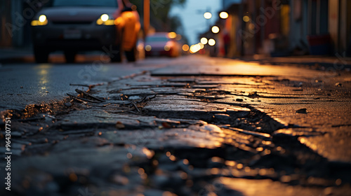 A hole in the road at night with a pothole marring the surface of an urban street. photo