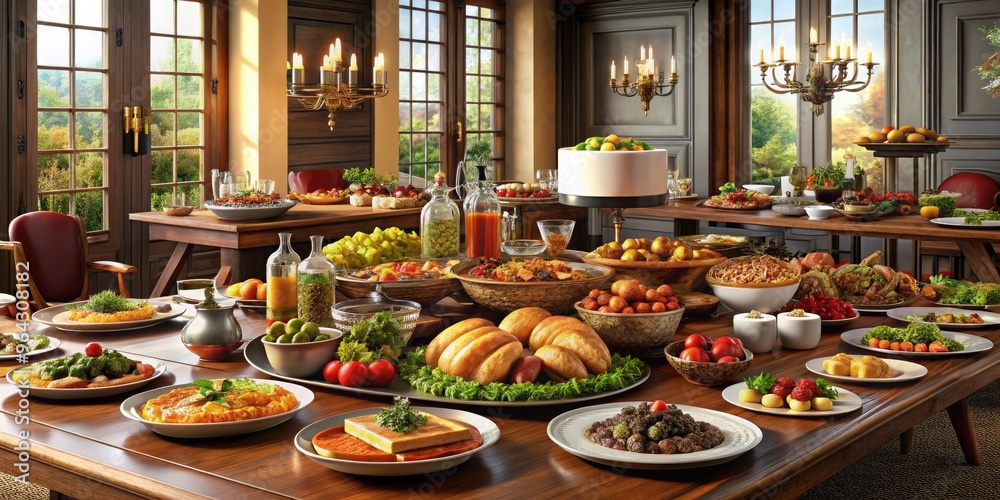 Vividly Realistic 3D Rendering Of An Appetizing Feast, Featuring A Tempting Array Of Dishes Presented On A Grand Dining Table.
