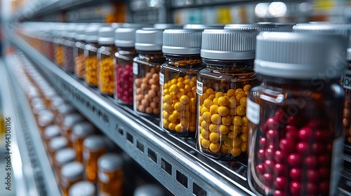 Colorful assortment of vitamin and supplement bottles organized on a pharmacy shelf during daylight hours