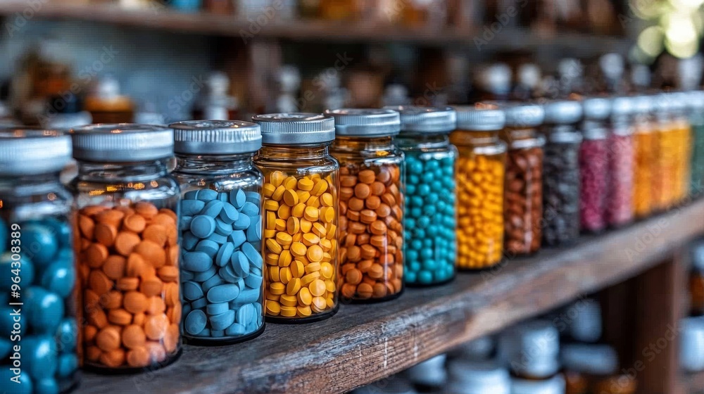 Colorful jars filled with various candies on a wooden shelf in a quaint shop during daylight Colorful jars filled with various candies on a wooden shelf in a quaint shop during daylight