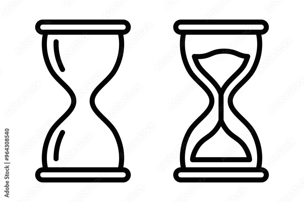 Outline of two hourglass icons. Vector illustration symbolizing time, waiting, or deadlines. Editable stroke.