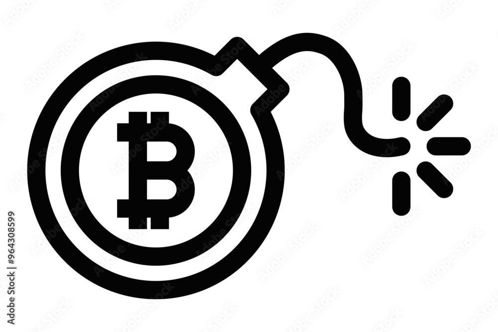 Bitcoin bomb icon, representing financial risk and volatility in cryptocurrency investments. Editable stroke. Bitcoin bomb icon, representing financial risk and volatility in cryptocurrency investments. Editable stroke.