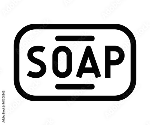 Outlined bar of soap with text. Vector illustration symbolizing hygiene, cleanliness, and health. Editable stroke.
