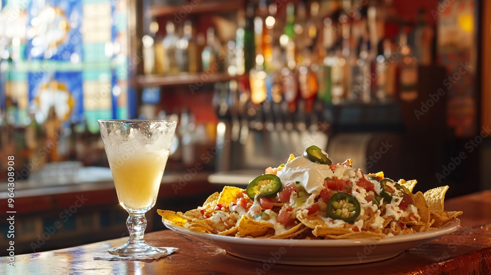 A cozy cantina bar setting with a plate of nachos loaded with cheese, jalapenos, and sour cream, with a margarita glass and a brightly tiled bar counter in the background A cozy cantina bar setting with a plate of nachos loaded with cheese, jalapenos, and sour cream, with a margarita glass and a brightly tiled bar counter in the background