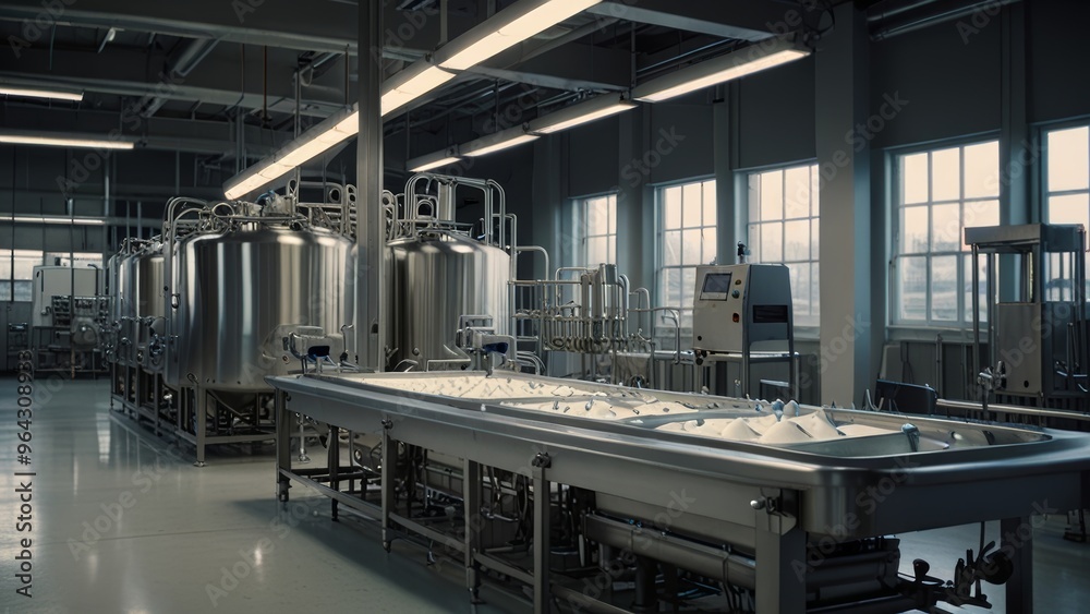 Naklejka premium Yogurt production process using advanced automated machinery