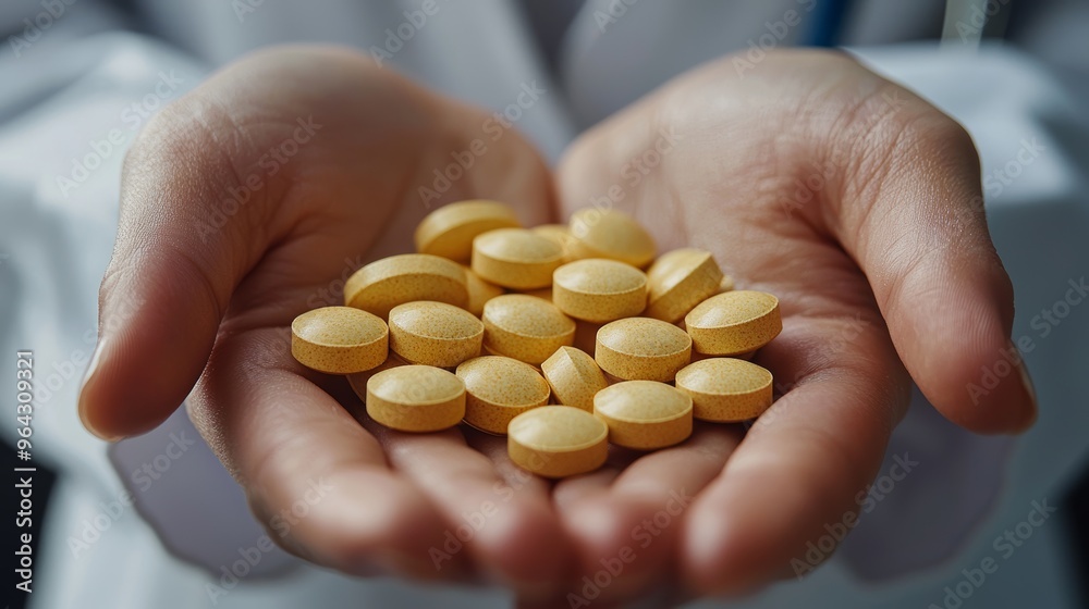 Hands holding multiple yellow pills in a clinical setting showcasing medication and health care practices Hands holding multiple yellow pills in a clinical setting showcasing medication and health care practices