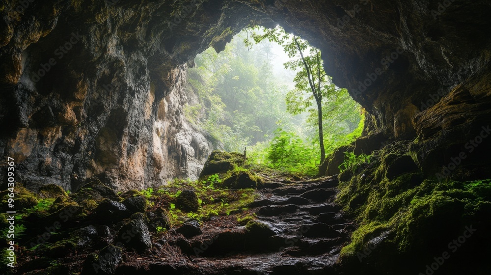 Obraz premium View can be seen from the entrance of a cave, revealing vibrant greenery and soft sunlight