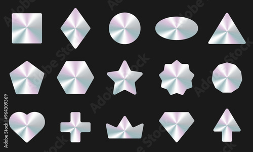 Trendy holographic sticker set in different shapes. Empty hologram iridescent shiny labels for product guarantee, quality. Vector illustration.