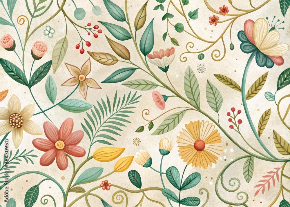 Whimsical hand-drawn illustration of flowers, leaves, and vines entwined with abstract shapes and lines, set against a soft, creamy-white background with subtle texture. Whimsical hand-drawn illustration of flowers, leaves, and vines entwined with abstract shapes and lines, set against a soft, creamy-white background with subtle texture.
