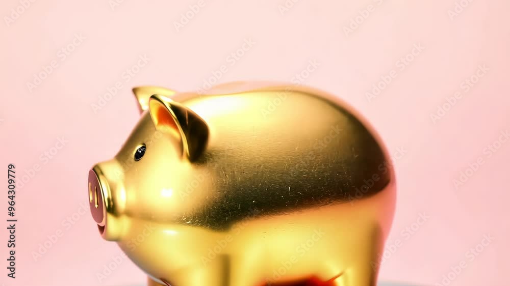 Golden Piggy Bank on Pale Pink Background with Glossy Surface Golden Piggy Bank on Pale Pink Background with Glossy Surface