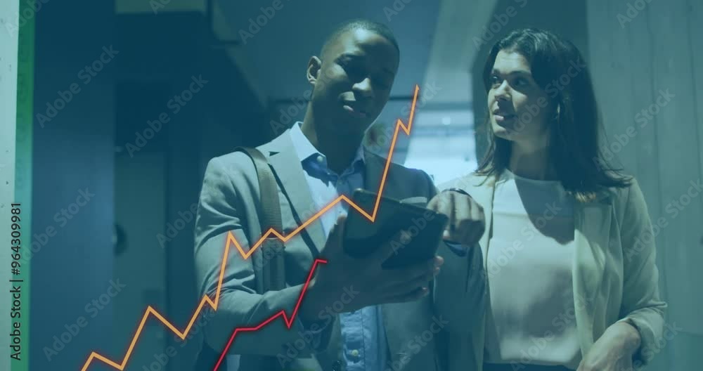 Analyzing financial data on tablet, business professionals with rising graph animation