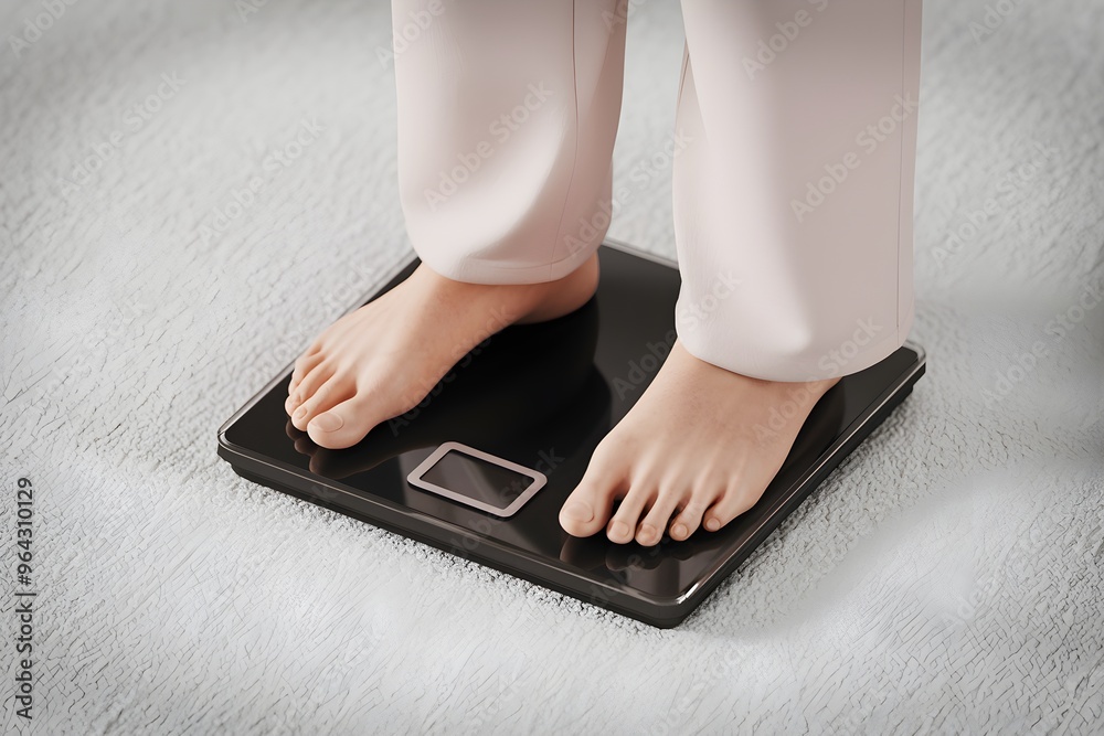 Fototapeta premium Feet on digital scale reading 00, light colored carpet, emphasis on weight measurement
