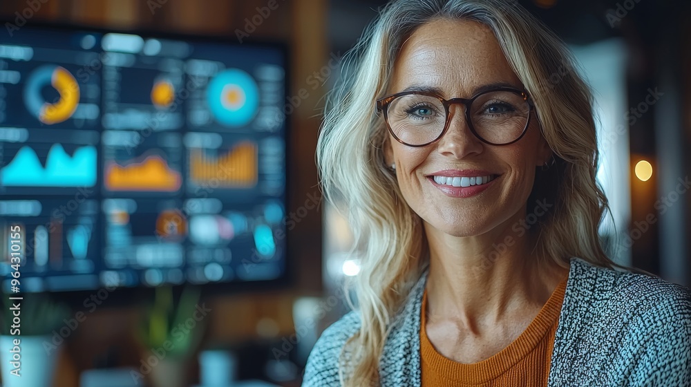 Professional woman smiling in a well-lit office with data analysis visuals on the screen behind her Professional woman smiling in a well-lit office with data analysis visuals on the screen behind her