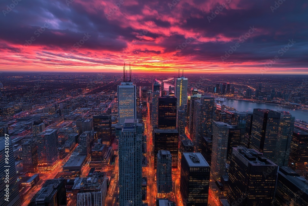 Fototapeta premium Cityscape at Sunset with Dramatic Skies