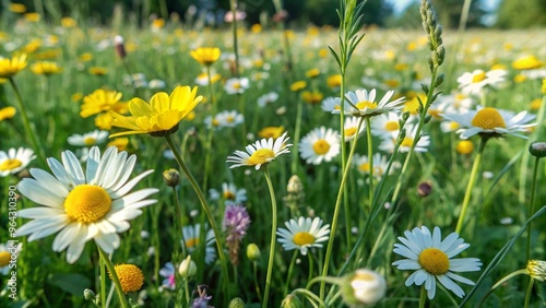 A vibrant field of daisies and wildflowers in full bloom.