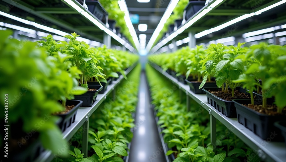 Vibrant hydroponic farm with vertical plant shelves under bright LED grow lights modern and sustainable agriculture concept Vibrant hydroponic farm with vertical plant shelves under bright LED grow lights modern and sustainable agriculture concept