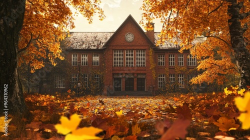 Wallpaper Mural Peaceful autumn scenery of a school building surrounded by vibrant foliage and scattered fallen leaves, exuding a serene atmosphere. Torontodigital.ca