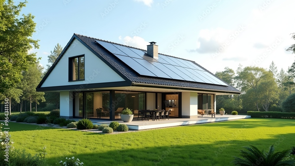 Modern sustainable house with solar panels on roof surrounded by lush green lawn High resolution image capturing ecofriendly living concept Modern sustainable house with solar panels on roof surrounded by lush green lawn High resolution image capturing ecofriendly living concept