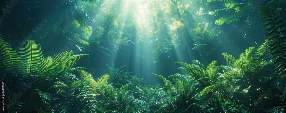 Obraz premium Lush Green Rainforest Canopy with Sun Rays Piercing Through