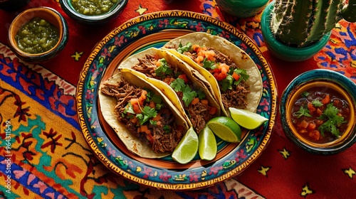 Fototapeta Naklejka Na Ścianę i Meble -  A plate of carne asada tacos served with lime wedges and salsa, placed on a vibrant tablecloth with small potted cacti and Mexican pottery bowls scattered around