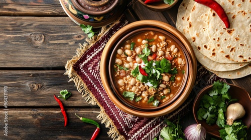 A rustic table with bowls of pozole, fresh herbs, and tortillas, placed on a handwoven Mexican tablecloth with decorative pottery and chili peppers