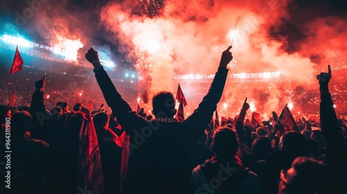 Crowd Cheers with Red Smoke and Fireworks