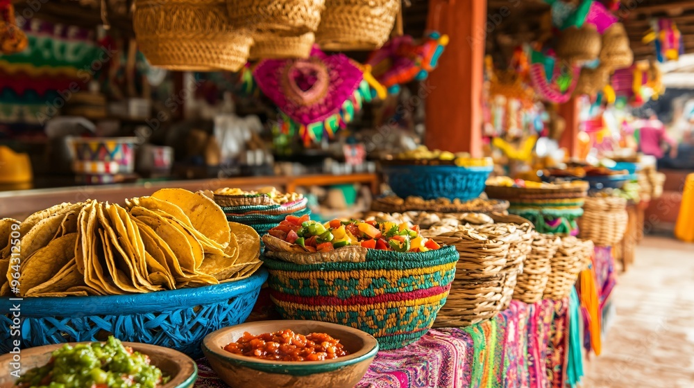 A vibrant Mexican marketplace setting with fresh tacos, bowls of salsa, and colorful woven baskets, with festive decorations hanging above A vibrant Mexican marketplace setting with fresh tacos, bowls of salsa, and colorful woven baskets, with festive decorations hanging above