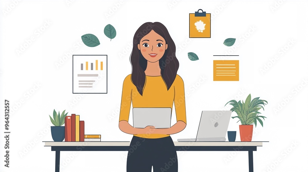 Businesswoman Working in Modern Office with Plants and Documents on Desk Businesswoman Working in Modern Office with Plants and Documents on Desk