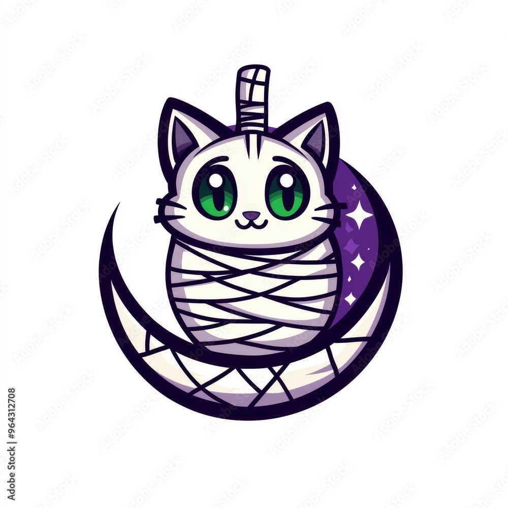 Fototapeta premium Cute Mummy Cat Sitting on a Crescent Moon
