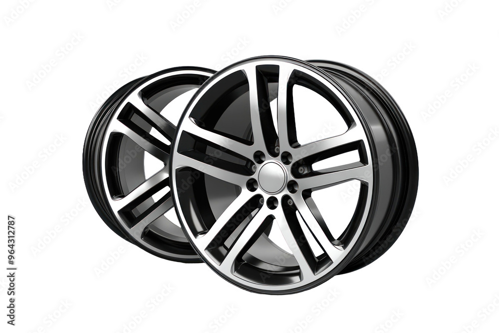 Two stylish alloy wheels gleam with polished finish and intricate spokes, poised for installation on sports cars, enhancing their aesthetic appeal and performance. Two stylish alloy wheels gleam with polished finish and intricate spokes, poised for installation on sports cars, enhancing their aesthetic appeal and performance.