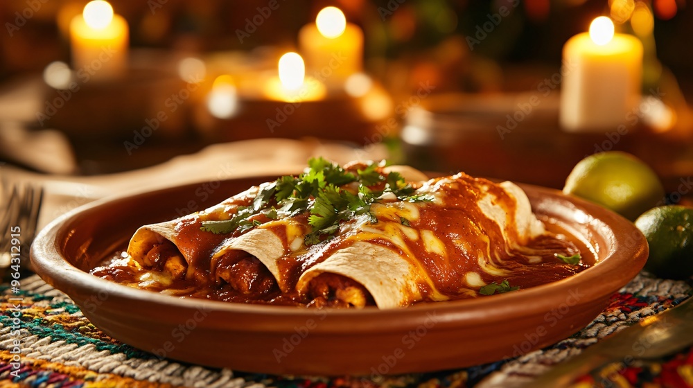 A warm, cozy scene with enchiladas smothered in sauce on a clay plate, placed on a traditional woven tablecloth, with a backdrop of flickering candlelight A warm, cozy scene with enchiladas smothered in sauce on a clay plate, placed on a traditional woven tablecloth, with a backdrop of flickering candlelight