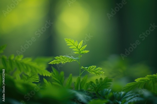 Amidst a tapestry of green, a fledgling plant stands tall photo