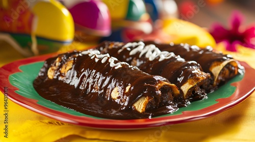 An artistic arrangement of mole enchiladas with rich sauce drizzling, placed on a bright yellow tablecloth with festive sombreros and maracas in the background photo