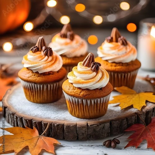 Delicious pumpkin cupcakes , nestled among vibrant autumn leaves and decorative pumpkins, celebrating the season.