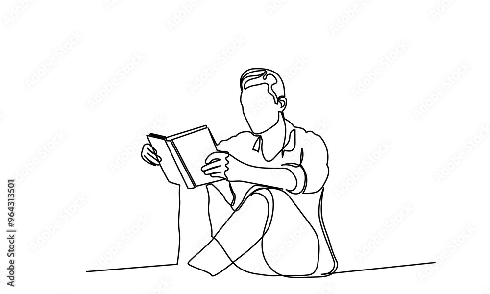 Obraz premium Continuous line drawing of a sitting man reading a magazine or book. Single-line young men reading life improve the book. The concept of study, thinking, finding new ideas, learning, and education. 