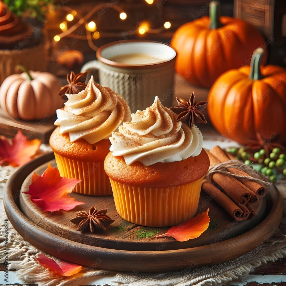 Delicious pumpkin cupcakes , nestled among vibrant autumn leaves and decorative pumpkins, celebrating the season. Delicious pumpkin cupcakes , nestled among vibrant autumn leaves and decorative pumpkins, celebrating the season.