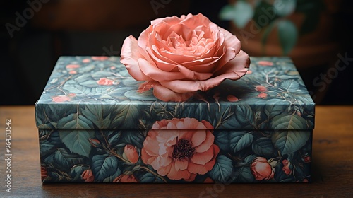 A single pink rose sits atop a floral gift box, a romantic gesture for a special occasion.