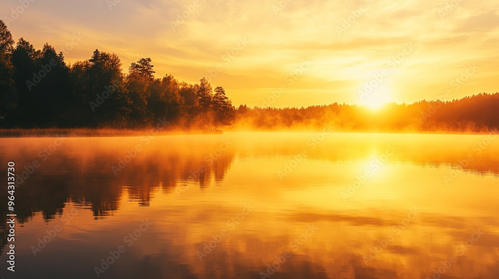 Fototapeta premium Golden Sunrise Over a Misty Lake