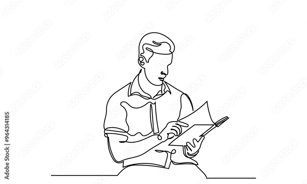 Continuous line drawing of a sitting man reading a magazine or book. Single-line young men reading life improve the book. The concept of study, thinking, finding new ideas, learning, and education.
Continuous line drawing of a sitting man reading a magazine or book. Single-line young men reading life improve the book. The concept of study, thinking, finding new ideas, learning, and education.