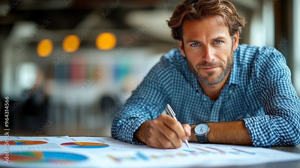Man Focusing on Business Reports in a Modern Office Setting with Chart Analysis Man Focusing on Business Reports in a Modern Office Setting with Chart Analysis