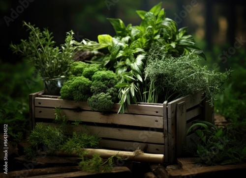 Wooden crate of herbs in a garden photo