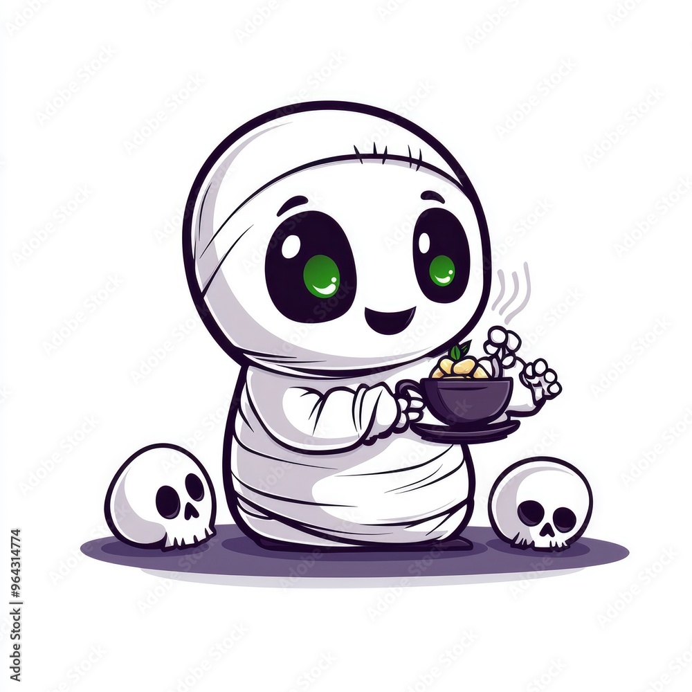 Cute Mummy Holding a Bowl of Soup with Skulls Cute Mummy Holding a Bowl of Soup with Skulls